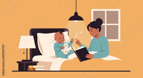 Mother Reads Bedtime Story To Her Cute Baby In The Bedroom At Night