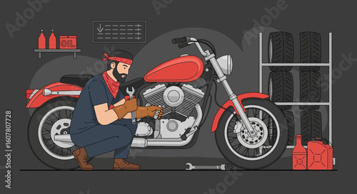 Motorcycle Repair Shop Scene Featuring A Mechanic And Classic Bike Model