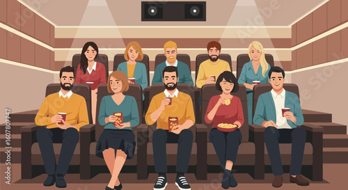 Movie Time Enjoying With Friends Inside Cinema Having Snacks And Drinks