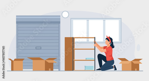 Moving Woman Assembling New Furniture In New Home Vector Illustration