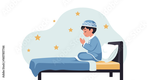 Muslim Boy Praying On Bed Before Sleep In Night Time Illustration