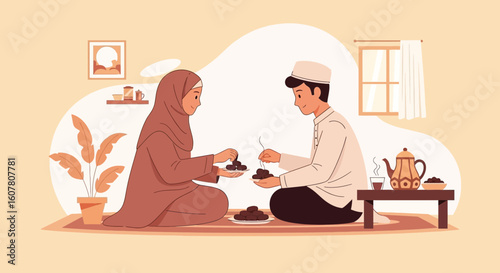 Muslim Couple Enjoying Dates And Tea During Ramadan Iftar Together At Home