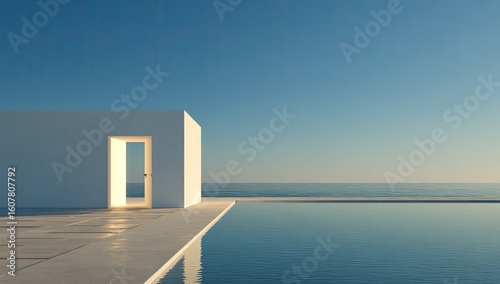 Minimalist white structure, open door, infinity pool, ocean view, serene sunrise; architecture design