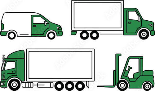 commercial transportation vector set: delivery van, box truck, semi-truck, forklift icons for logistics and shipping
