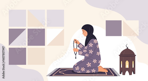 Muslim Woman In Hijab Praying At Home Ramadan Kareem Illustration