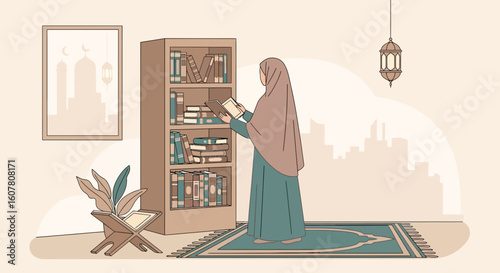 Muslim Woman Reading A Book Near Bookshelf During Ramadan Illustration