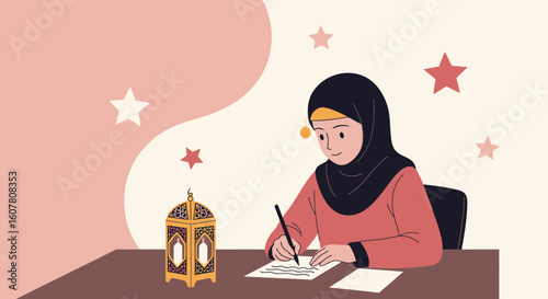 Muslim Woman Writes during Ramadan Season with Decorative Lanterns and Stars