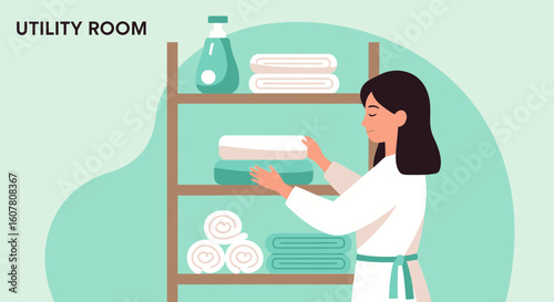 Neat Woman Places Fresh Towels on Shelves in Clean Utility Room