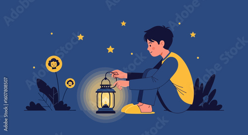 Nighttime Exploration A Boy With Lantern Adventure Under Starry Sky Illustration
