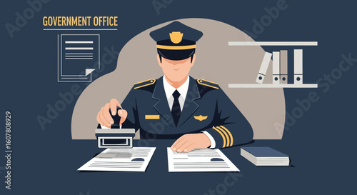 Official Approving Documents In A Government Office With Professional Uniform