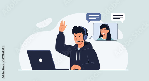 Online Meeting Illustration With Man Waving Hand And Woman In Video Call