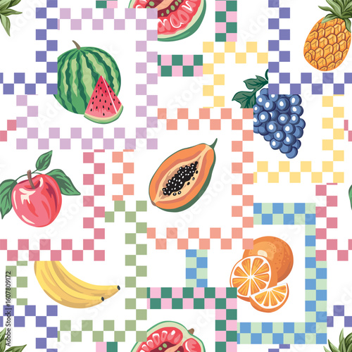 Pineapple, apple, agave, orange, grape, banana, watermelon, papaya seamless pattern. Summer exotic print.