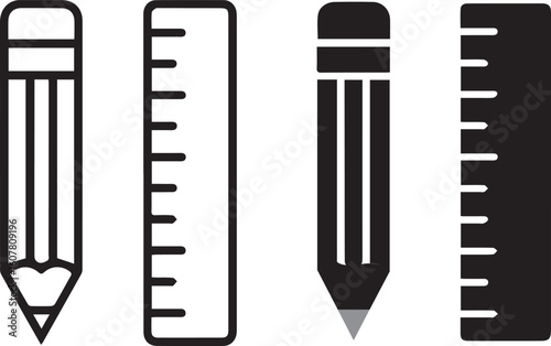 simple vector illustration of pencil and ruler icons in outline and solid styles for stationery, classroom, and blueprint design