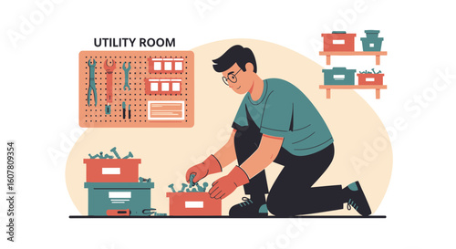 Organizer Arranging Hardware In The Utility Room For A Diy Project