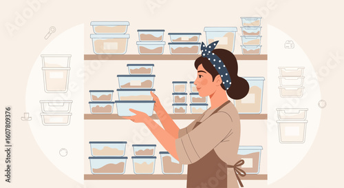 Organized Woman With Food Storage Containers In The Kitchen Shelf
