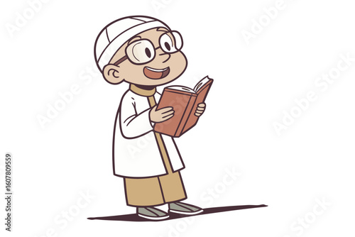 Charming cartoon illustration of a bearded muslim man wearing a white kufi and holding a book