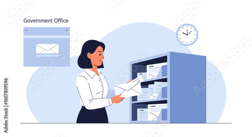 Organizing Government Documents Woman Putting Letters Into Archive Cabinet