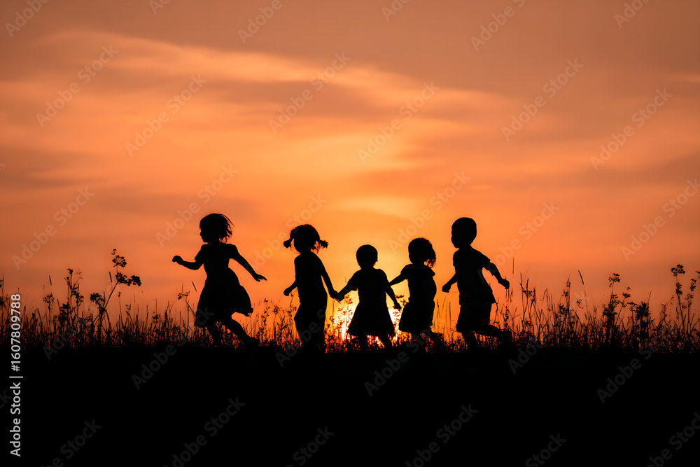 Fototapeta premium Silhouette, group of happy children playing on meadow,