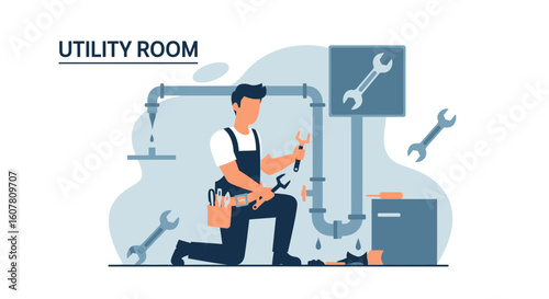 Professional Plumber Fixing Leaky Pipes In A Utility Room Vector Illustration
