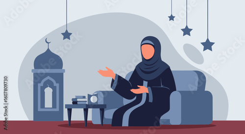Welcoming Muslim Woman In Hijab Sitting On A Couch During Ramadan