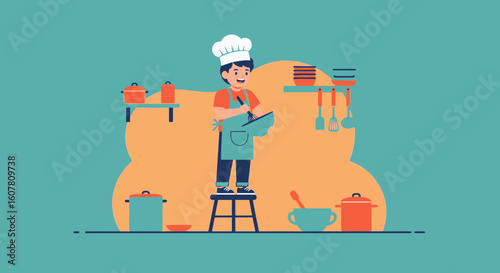 Whimsical Boy Chef Concocting Culinary Magic in Vibrant Kitchen Illustration