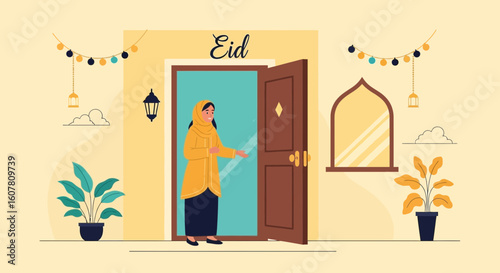 Welcoming Woman Celebrating Eid Opens the Door In A Festival Atmosphere