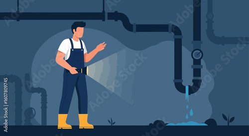 Professional Plumber Inspects Pipes Leakage With Flashlight In Dark Area