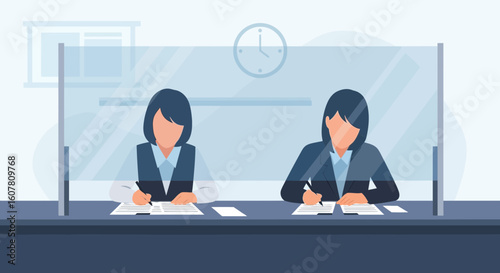 Professional Staff Working Behind Protective Barrier In Office Workplace
