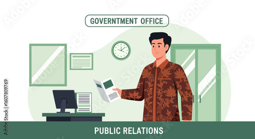 Professional Public Relations Officer Reviewing a Document in Government Office