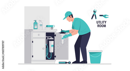 Professional Technician Servicing Water Filtration System Under Sink At Utility Room