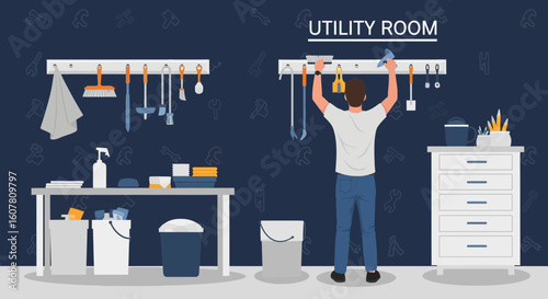 Organizing The Utility Room Man Putting Tools On Hanger Board