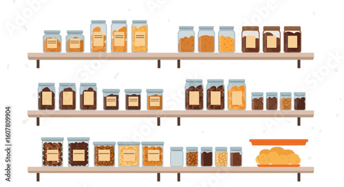 Pantry Shelves Filled With Jars Of Food In Neat Rows And Labels Displayed