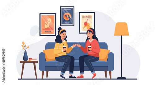 Relaxed Conversation Two Young Women Enjoying Coffee In Cozy Living Room