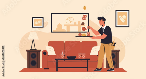 Relaxed Evening A Man Carrying A Tray of Food In A Cozy Living Room