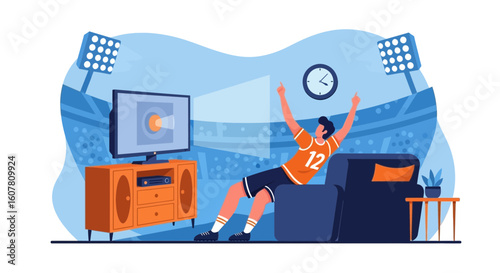 Passionate Fan Celebrates Victory At Home During Live Sporting Event Broadcast
