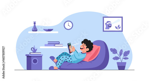 Relaxed Guy Enjoying A Video Call On A Beanbag In His Room At Home