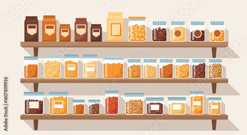 Pantry Shelves With Food Storage Jars and Packages, Vector Illustration