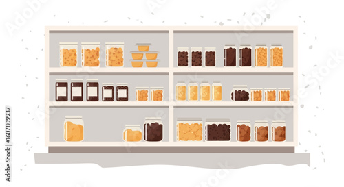 Pantry Shelves Stocked With Food Preserved In Jars And Containers Vector Illustration