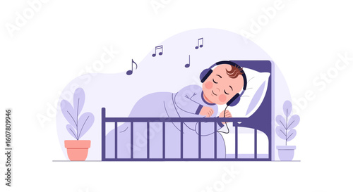 Peaceful Baby Sleeping In Crib With Headphones Listening To Gentle Music