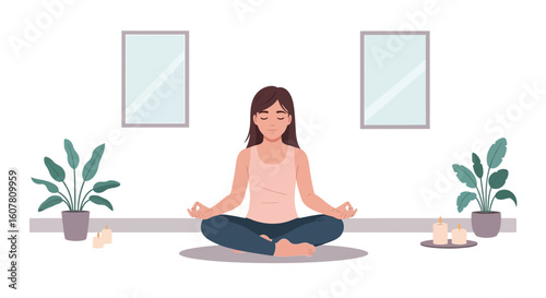 Peaceful Meditation Indoor Practicing Young Woman Relaxation Time At Home