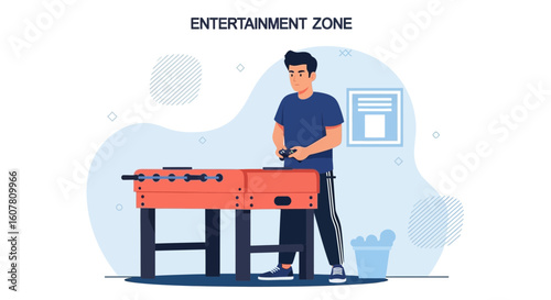 Relaxed Man Playing Table Football Enjoying Indoor Entertainment Zone Time