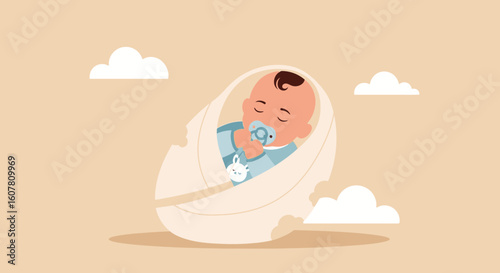 Peaceful Nap Adorable Baby Swaddled Blanket Surrounded Clouds Dreamland Illustration