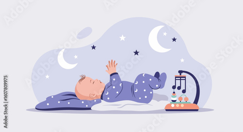 Peaceful Night Baby Sleeping Beneath The Moon And Stars Nursery Illustration