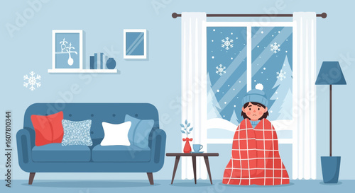Winter Blues Unhappy Woman Covered With Blanket Feeling Cold At Home