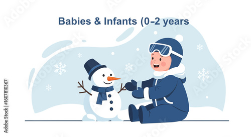 Winter Fun: Baby Building a Snowman on a Snowy Day Illustration