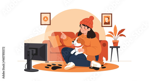 Relaxing Evening At Home With Pet Dog Watching Television Show Together