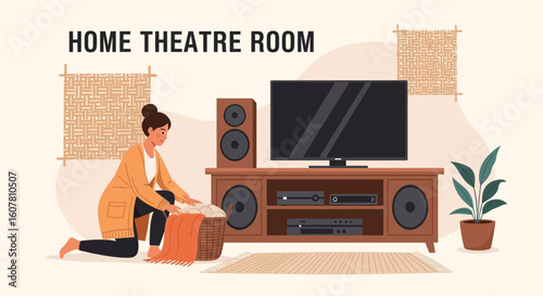 Woman Arranging Blanket In Living Room Near Entertainment System