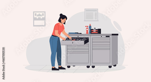 Woman Arranges Assortment Of Equipment In Drawers Of Rolling Tool Chest