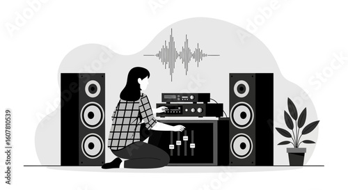 Woman Adjusting Stereo Equipment In Home Studio For Sound Design Setup