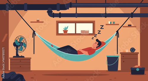 Relaxing Man Sleeps In Hammock In Converted Basement Flat Illustration
